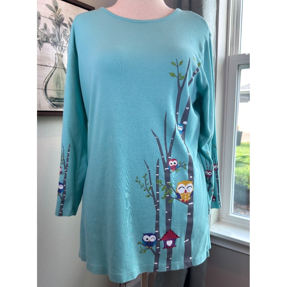 Catalog Favorites Embellished Woodsy Owl Cotton Knit Pullover Sweater L Whimsy